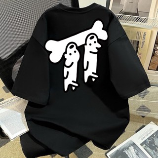 【當天出貨!高品質】狗啃骨頭印花t重磅純棉短袖t美式復古寬鬆短袖潮流ins風T恤韓版圓領短t落肩T恤潮流夏季百搭男女上衣