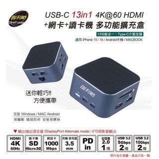 ✪DigiFusion✪❖伽利略❖ USB-C 13in1 4K60 HDMI+網絡卡+讀卡機多功能擴充盒(U13HLR)