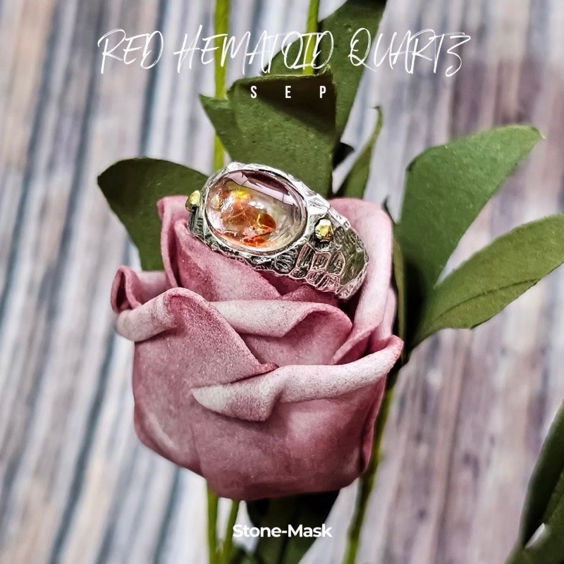 石鬼面🔅天然 高品 紅黃膠花 水晶 蛋型 重工 純銀戒 RHQ-10