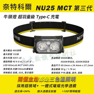 NITECORE 奈特科爾 NU25 MCT 400流明可充電 頭燈 羽量級 輕巧戶外露營照明 馬拉松路跑 野外動植物觀