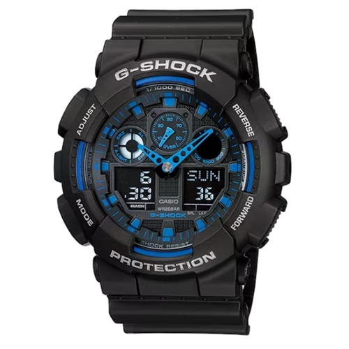 【CASIO 卡西歐】G-SHOCK 重型機械感錶款 黑X藍 GA-100-1A2_51.2mm