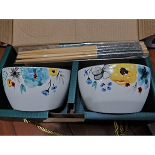全新 雙人組 2碗2筷組 水彩碗 方碗 餐具 陶碗瓷碗 餐碗 飯碗 陶瓷碗 系統電碗筷禮盒