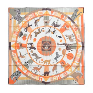Hermes 愛馬仕 Le Carrousel du Tigre Royal 90 手工捲邊斜紋真絲方巾(柳橙/白咖啡/