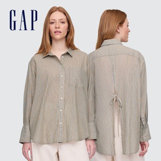 Gap 女裝 純棉翻領長袖襯衫-卡其條紋(776643)