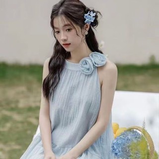 FUXI 法式掛脖洋裝女 無袖洋裝 溫柔氣質連身裙 長裙 度假海邊連身長裙 女生裙子 女裝 衣服