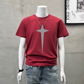 GP&臺灣現貨 短袖上衣 2025新款潮牌ins短袖t恤男白色星星印花重磅純棉圓領半袖上衣體恤