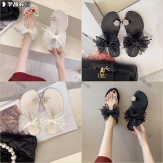 網紅爆款·鞋女 夏外穿2025年新款夏季網紅珍珠涼鞋 仙女風 蝴蝶結 套趾平底涼拖鞋 室外涼鞋 沙灘拖鞋 人字拖鞋女