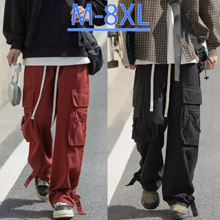 M-8XL 精品滑板工裝褲男 大尺碼寬鬆闊腿長褲 顯瘦加大碼男生休閒長褲 復古風 工裝縮口褲 韓國潮牌ins大口袋工作褲