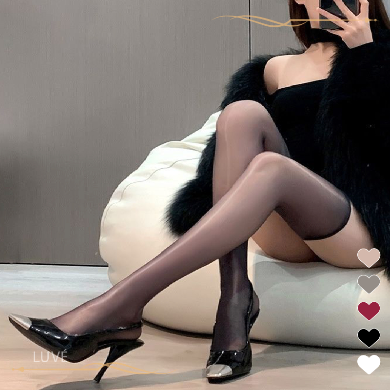 LUVE｜油亮油光絲襪 無邊大腿襪 防勾膝上絲襪 顯瘦美腿 瘦腿修身 黑絲光腿 彈力貼合 透氣舒適 柔軟親膚 現貨