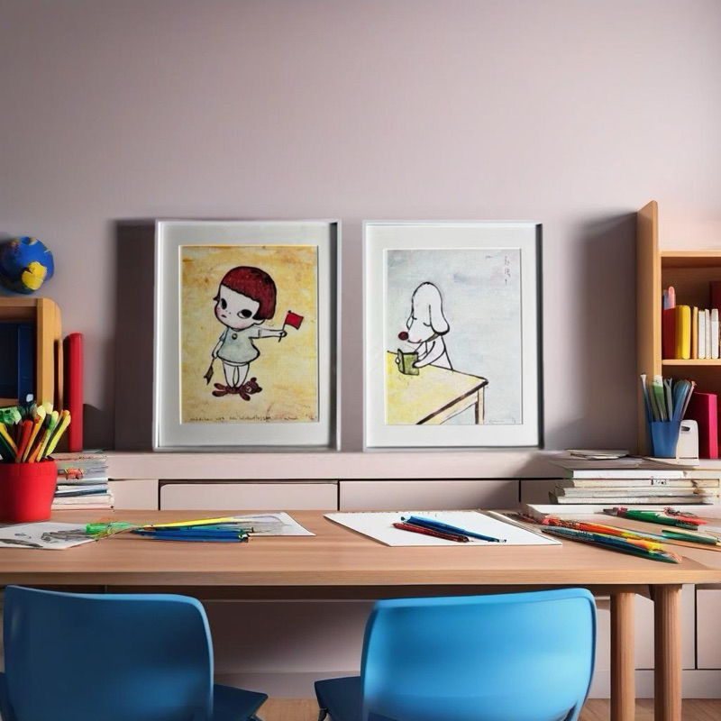 奈良美智 😁中小幅都有 最經典 （含框）搖旗女孩 & 勉強中 掛畫