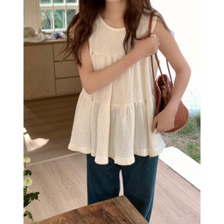 Hey, look here 甜美可愛 捲邊蛋糕娃娃上衣 白/杏/卡/灰/黑 棉麻上衣 捲邊背心