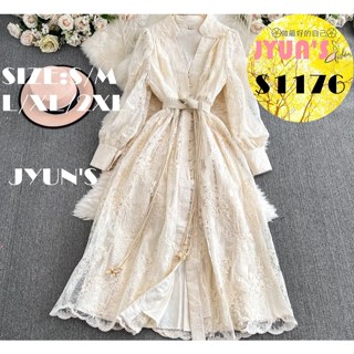 JYUN'S 春夏新款法式復古宮廷風禮服重工刺繡收腰帶顯瘦長蕾絲裙女高階精緻連身裙大尺碼洋裝3色S~2XL預購
