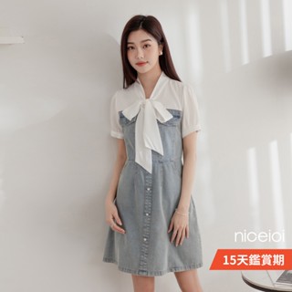 niceioi 清新蝴蝶結綁帶珍珠牛仔A-Line一字領短洋裝 女裝