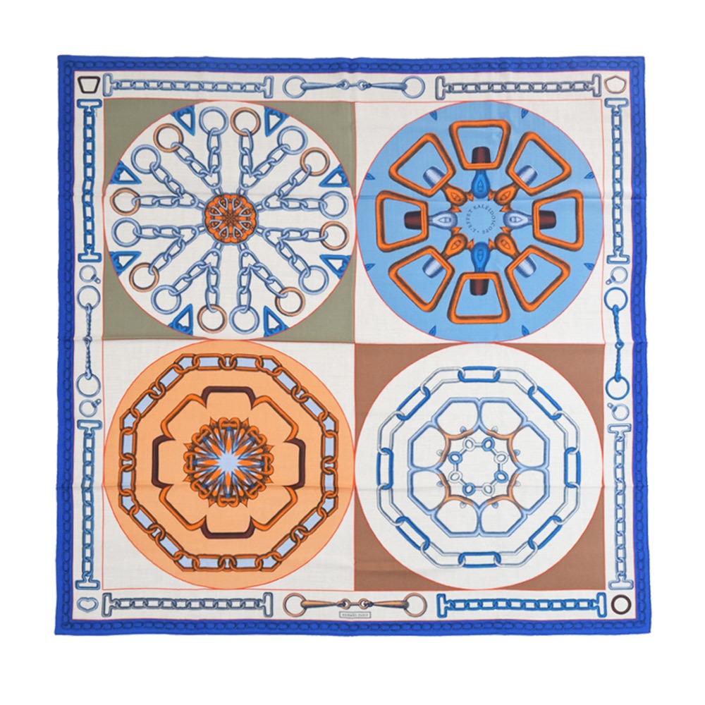 Hermes 愛馬仕 Effet Kaleidoscope 140 手工捲邊喀什米爾與真絲混紡方巾(自然/電藍/橘)