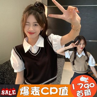 臺灣現貨 P31 假兩件短版襯衫女 設計感撞色拼接修身polo領短袖上衣 假兩件襯衫 短版襯衫 假兩件上衣 假兩件