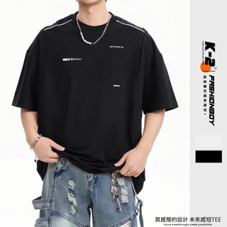【K-2】BORFENO 質感簡約設計 未來感 線條 短袖上衣 潮流短T T恤 寬鬆落肩 百搭【JA168】