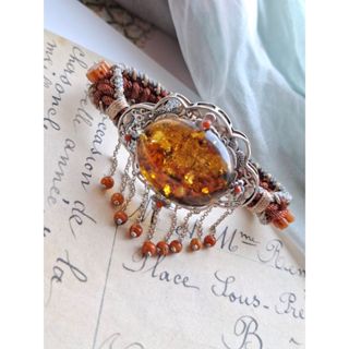 孤單手作- 真品天然 琥珀蜜蠟 波羅的海 Amber 帶原紅皮璀璨綠紅花珀 復古重工如意流蘇 精美輕寶石手鐲式手環
