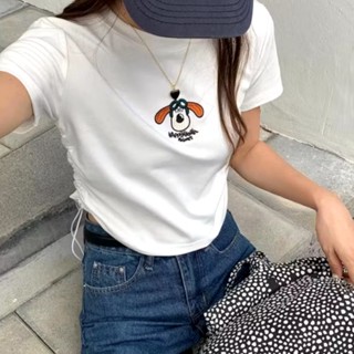 CHILL現貨 2025早春刺繡飛行狗狗側抓皺短版T 短版上衣 短版Tee 棉質上衣 圓領上衣 短袖上衣 女生合身 預購