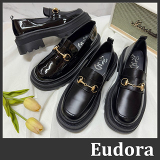 【Eudora】MIT臺灣製 厚底樂福鞋 小皮鞋 學生鞋 樂福鞋 馬丁鞋 厚底鞋 皮革馬銜鍊 厚底低跟粗根 黑色 皮鞋