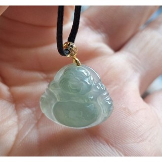 緬甸天然冰膠藍綠底翡翠18k金小彌勒佛吊墜！