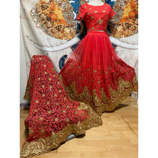 全新深橘色金色刺繡燙鑽三件套上衣Choli+大裙+度帕塔-上衣適合S或M穿（有開側拉鏈）
