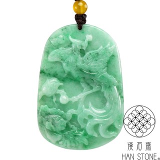 【漢石齋】天然翡翠A貨 鳳凰呈祥玉佩吊墜 飄花種帶辣綠(36*53*6mm)