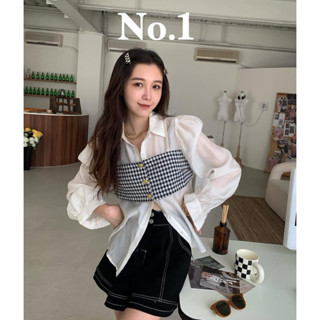 正韓Love Lily假兩件式珍珠肩帶千鳥格襯衫上衣