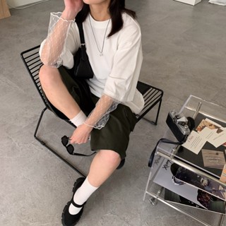 isa 甜酷混搭 蕾絲拼接寬鬆圓領假二件上衣 53065