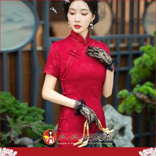 M-5XL加大碼紅色高階感印花長旗袍復古中國風經典改良式時尚修身超顯瘦短袖日常連身洋裝-楚香羅袖-水水女人國