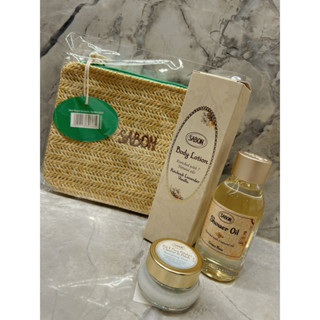 SABON身體乳50ml+沐浴油100ml+臉部磨砂膏15ml(加贈編織化妝包）