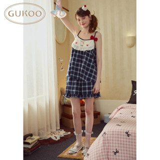 預購Gukoo/果殼睡衣女夏季HelloKitty聯名新款格子吊帶女家居服套裝