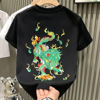 中式國風刺繡繡花貔貅青龍麒麟國潮重工純色短袖T恤男夏季新款社會潮流半袖寬鬆男裝上衣親膚舒適透氣大尺碼合身休閒短袖短T棉T