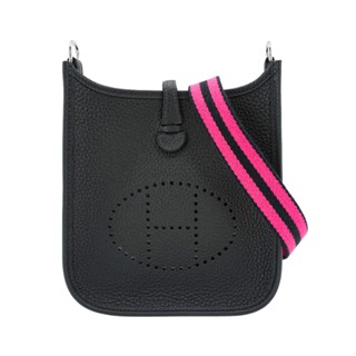 Hermes 展示品 Mini Evelyne TC牛皮銀釦桃藍背帶斜揹包(黑)