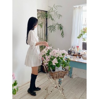 韓國代購KOREA_90 SHOP清雅氣質網拍MILKCOCOA 白色綁帶蝴蝶結領結長袖連身短洋裝