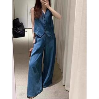 【GDM】時尚老錢風套裝女夏季新款復古V領牛仔馬甲高腰直筒闊腿褲兩件套