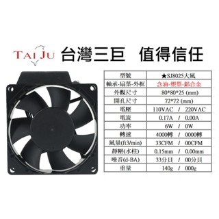 D●臺灣三巨✯ SJ8025 含油 合銅 SLEEVE 大風量 塑葉 鐵葉 散熱 工業 抽風 排風 通風 AC 風扇