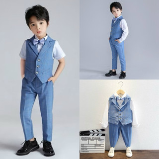 臺灣現貨💕男童花童西裝 兒童格子西裝禮服婚禮西裝套裝 男童英倫風紳士西裝鋼琴演出比賽正式男男童裝馬甲長褲套裝寶寶週歲西裝