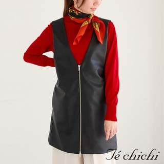 Te chichi 率性皮革/花呢雙頭拉鍊V領長版背心(0F000200310)