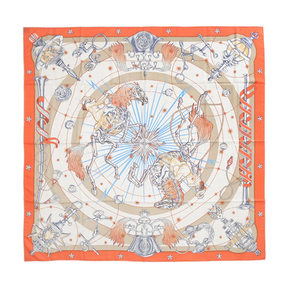 Hermes 愛馬仕 Chorus Stellarum 140 手工捲邊喀什米爾與真絲混紡方巾(橘色/自然色/灰)