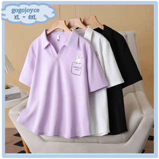 XL-4XL 大尺碼女裝 夏季休閒短袖上衣 翻領兔子印花短袖上衣 大尺碼翻領兔子印花短袖上衣 大尺碼短袖休閒上衣 906