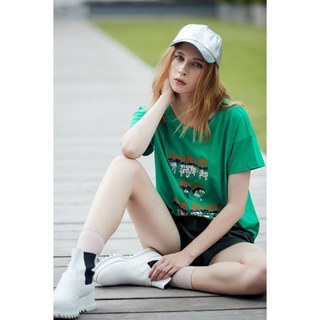 ＊pipi shop＊全新iROO 專櫃時尚休閒立體刺繡亮片文字綠色彈力棉落肩短袖圓領T恤
