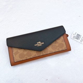 [小鄉衣櫃]二手9成新-830-31547-COACH經典C紋PVC拚皮信封長夾-黑棕【美國outlet正品】