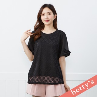 betty’s貝蒂思(41)花花蕾絲拼接雪紡短袖上衣(黑色)