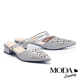 全新AS集團MODA Luxury灰藍色真皮鏤空雕花繫帶尖頭低跟穆勒鞋拖鞋