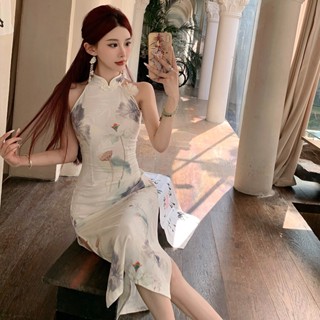 【三重現貨】特價新款S-L 性感緊身聚會復古印花改良旗袍開叉中長裙日常植物花卉國粹無袖洋裝禮服 度假聚會生日派對約會裝扮