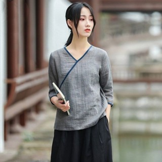 漢服仿棉麻寬鬆大尺碼女裝T恤 中國風民國風復古女裝茶藝服古裝女 新中式文藝範禪意五分袖 春夏禪服單上衣