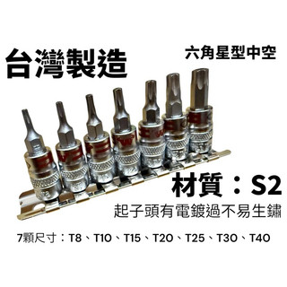 台灣製造 2分 1/4" 7件組 星型中孔套筒組 二分 起子頭套筒 凸套筒