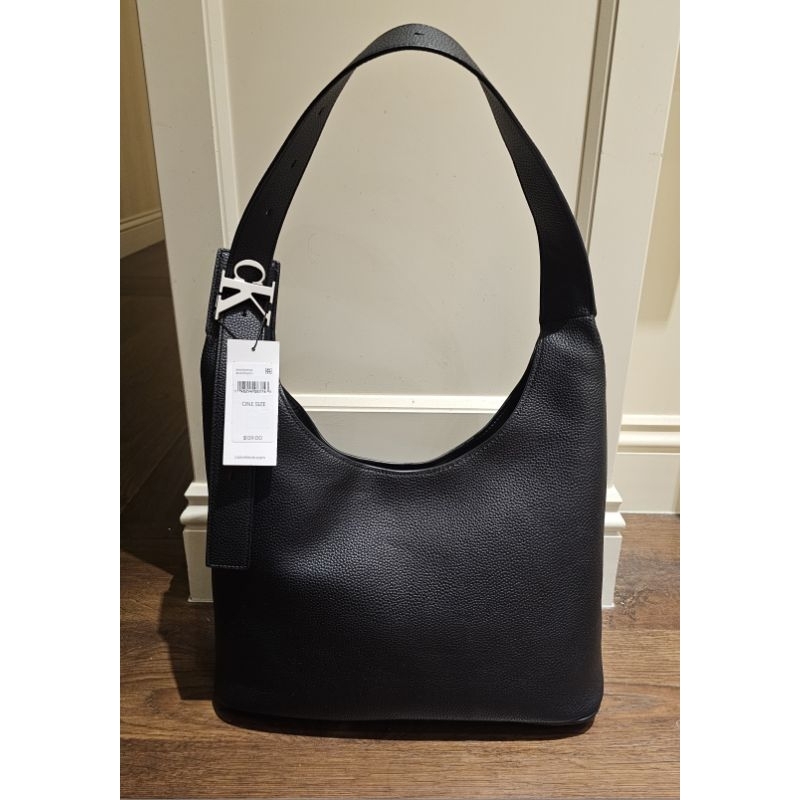 【便宜出清】質感超好 全新 美國正品 CK Calvin klein 黑色 荔枝紋牛皮  hobo 肩背包