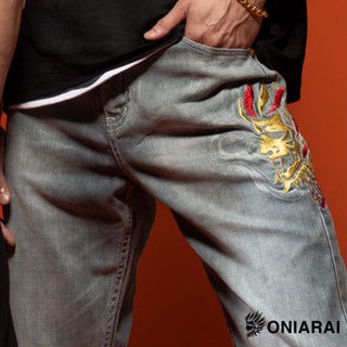 BLUE WAY 鬼洗 ONIARAI - 男款 和藝術側鬼繡花丹寧中腰直筒褲