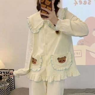 🔆小甜甜日系美衣 甜美家居服ins公主風睡衣女甜美可愛小熊娃娃領夏季夏款夏天短袖家居服套裝